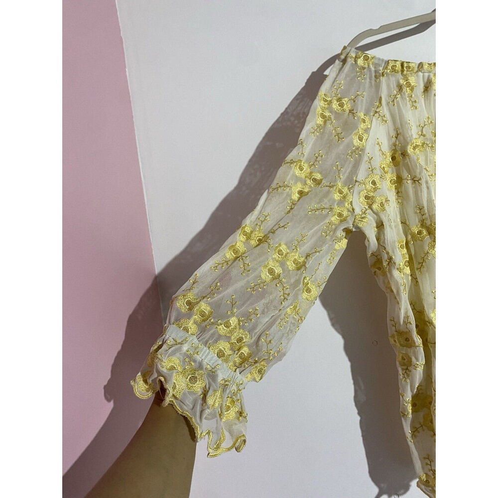 Cottagecore Top 2X Gold Floral Embroidered Peasant Sheer Mesh Skye's The Limit‎ - Picture 5 of 11